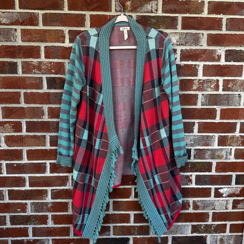Matilda Jane Mixed Print Cardigan MEDIUM‎ Plaid & Stripes Boho Fringe Vibrant - Picture 2 of 8